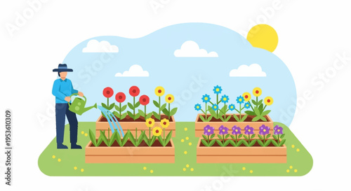 Person tending to colorful vegetable garden beds on sunny day with blue sky and clouds for outdoor farming and sustainable agriculture