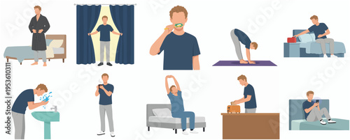 Flat Illustration Man Daily Routine and Morning Activities Illustration Lifestyle Set