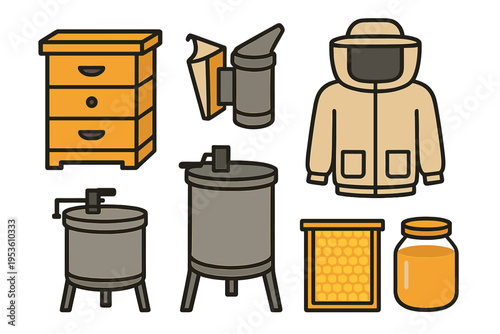 Equipment and tools used in beekeeping displayed in a simple layout for educational purposes