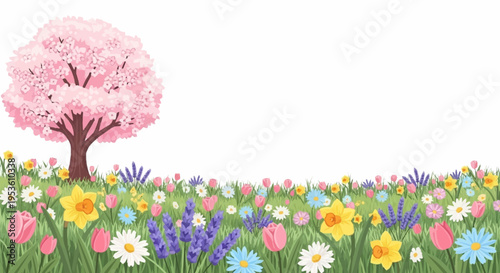 Serene spring landscape with blooming pink cherry blossom tree colorful wildflowers and lush grass under clear sky