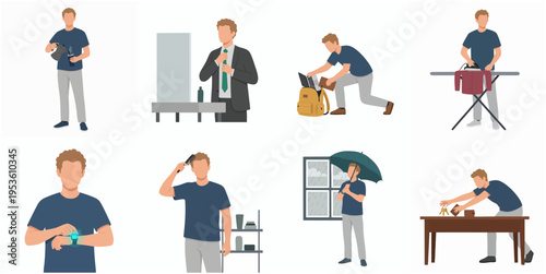 Flat Detailed Lifestyle Activity of Man Daily Routine Illustration