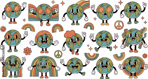 Set of cute cartoon Earth characters with peace symbols, rainbow elements, retro style smiling globe mascots illustration collection