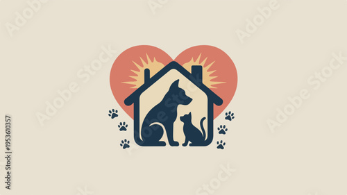 Heartwarming animal shelter logo with dog and cat under sun symbolizing love and care for pets