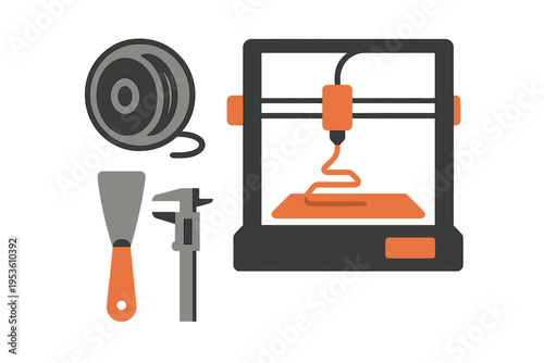 Tools for 3D printing setup including a printer, spatula, and measuring device at a workshop