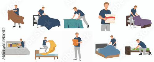 Flat Style Illustration of Man Making Bed with Different Colored Sheets