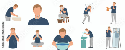 Flat Simple Illustration Man Washing Face Morning Routine Daily Activity