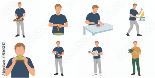 Flat Illustration of Man in Various Poses Performing Daily Activities Set