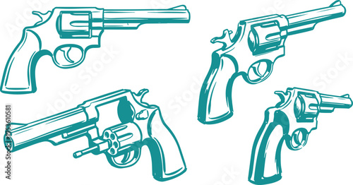 Revolver Gun Vector Set, Hand Drawn Handgun Clipart Design, Vintage Firearm Line Art Illustration Collection.