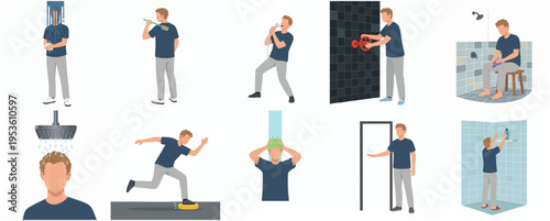 Flat Illustration Collection of Man Doing Various Activities in Bathroom