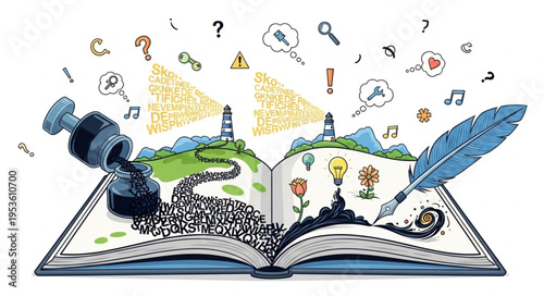 Open Book with Inkwell, Quill, and Imaginative Illustrations.