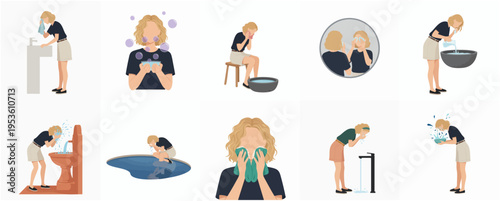 Minimalist Flat Illustration Set of Woman Face Washing Routine Activity