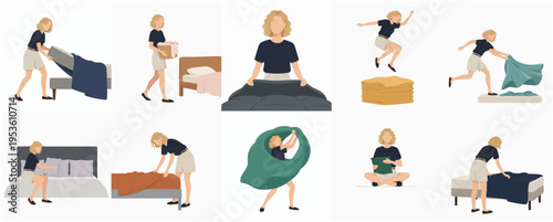 Simple Flat Woman Making Bed and Housekeeping Routine Illustration Set