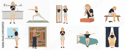 Flat Design of Daily Routine of a Woman Illustrations Set