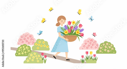 Young woman in a blue dress carrying a basket of colorful flowers through a garden with pink and green bushes on a sunny day
