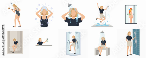 Diverse Flat Style Shower Routine and Hygiene Illustration Set Collection