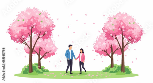 Couple walking hand in hand beneath blooming cherry blossom trees in a park during springtime Romantic outdoor scene with nature and companionship