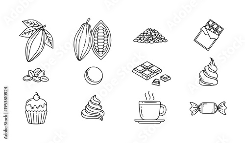 Cacao chocolate outline vector icons cocoa pod beans