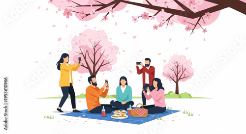 People enjoying outdoor picnic under blooming cherry blossom trees in a park during springtime with friends and family