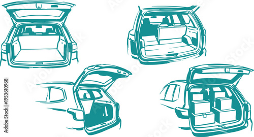 Car Trunk Vector Set, Hand Drawn Open Boot Clipart Design, Vehicle Storage Line Art Illustration Collection.
