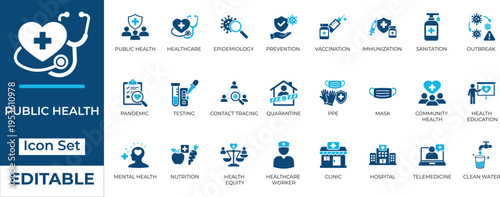 Public health and healthcare vector icon set. Editable two-tone symbols for pandemic prevention, vaccination, telemedicine, and medical clinics.