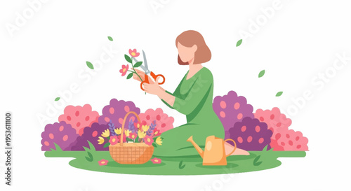 Person sitting cross legged in a garden harvesting fresh vegetables and herbs for cooking on a sunny day