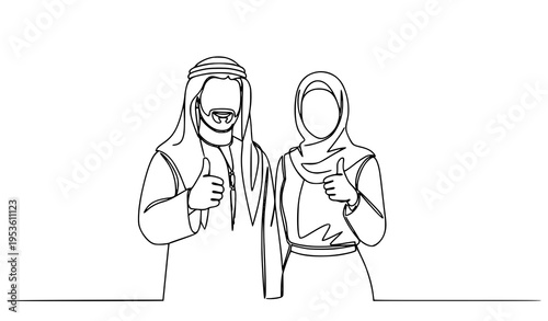 A minimalist line art illustration of a smiling Arab man and woman giving thumbs up