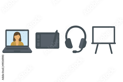 Virtual learning tools for online education including laptop, drawing tablet, headset, and digital whiteboard