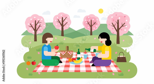 Family enjoying a picnic on a sunny day in a park with blooming cherry blossom trees and green grass