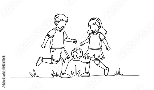 A vector illustration of a boy and girl playing soccer together outdoors