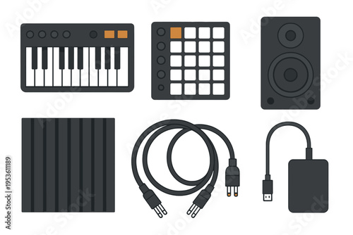 Musical equipment setup for electronic music production in a home studio environment