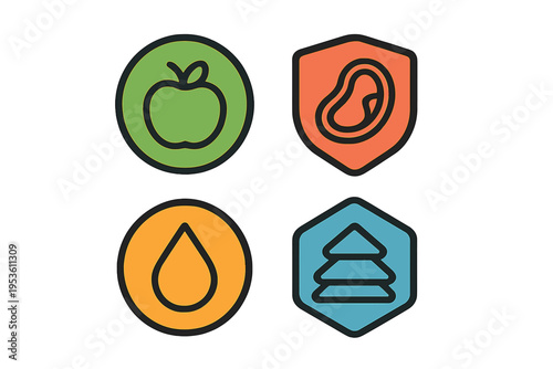 Symbols representing diverse food categories including fruits, proteins, liquids, and vegetables in a modern design