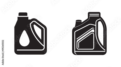 Black and white icons of oil bottles with handle and cap  motor oil containers