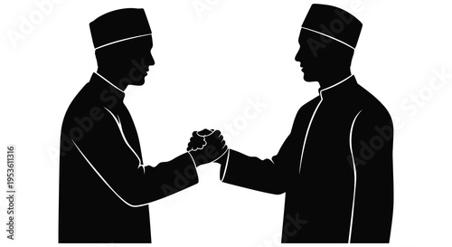 Two men in traditional caps shake hands symbolizing agreement and partnership black silhouette high quality professional