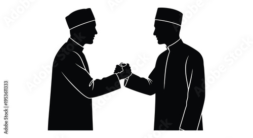 Two men in traditional fezzes shaking hands a symbolic gesture of agreement silhouette high quality professional