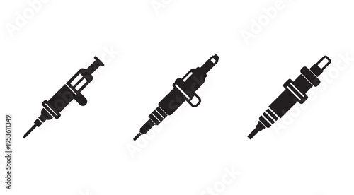 Black and white icons of medical syringe and car spark plugs on white background  simple line style  no gradients