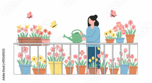 Woman watering potted plants on a balcony with colorful flowers creating a vibrant garden space