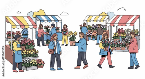 People shopping at an outdoor street market with colorful stalls selling fruits vegetables and flowers during daytime