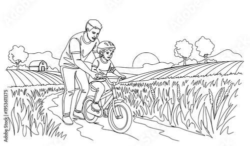 A father teaching his child to ride a bike in a rural landscape