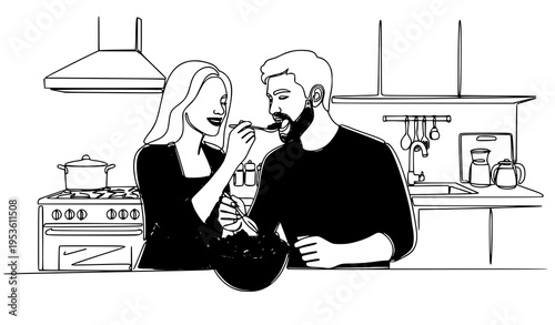 A minimalist line art illustration of a couple cooking together in a kitchen