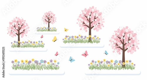 Beautiful spring landscape with blooming cherry blossom trees colorful flowers and birds in clear sky in a peaceful outdoor setting