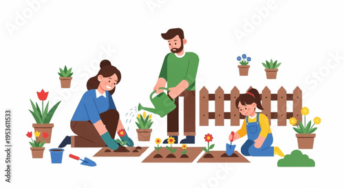 Family gardening scene with children and adult planting seedlings in backyard surrounded by potted plants and wooden fence