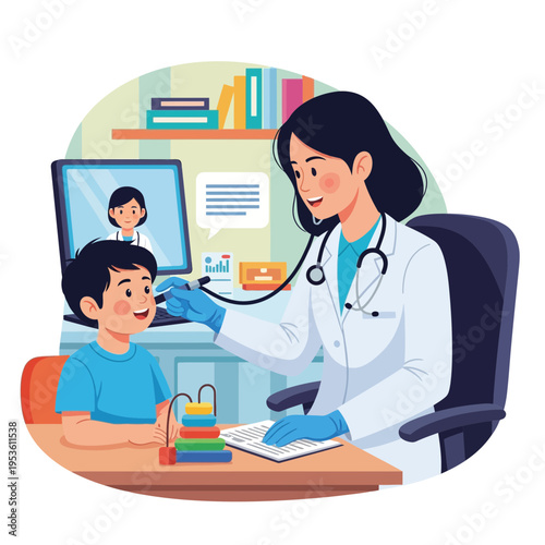 Doctor conducting an online medical checkup for a child, showcasing modern healthcare.