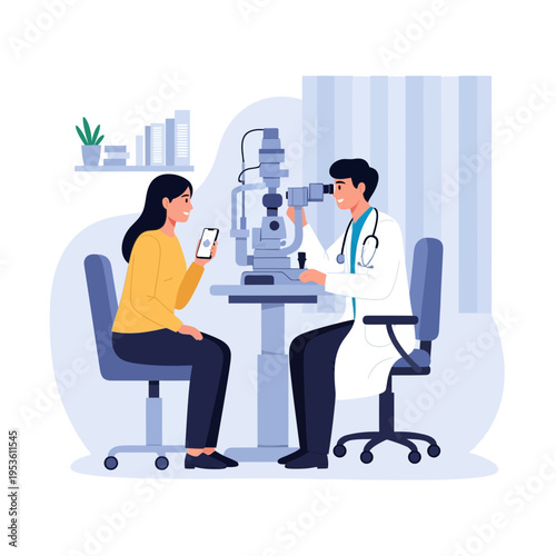 Optometrist performing an eye exam on a patient in a modern clinic with advanced equipment