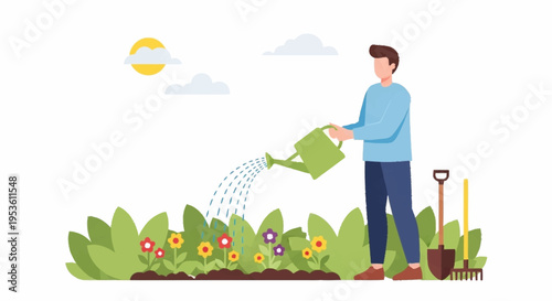 Man Gardening Outdoors Using Green Hose to Water Plants in a Backyard with Sunlight and Gardening Tools