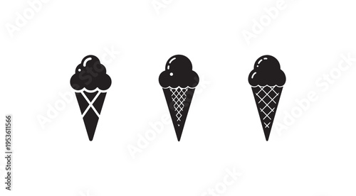Black and white illustration of ice cream cones with different waffle cone patterns and scoops on white background  simple icons
