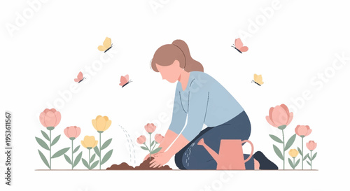 Woman planting flowers in a garden on her knees with colorful blooms and butterflies creating a serene outdoor scene