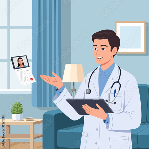 Doctor explaining a medical test during a virtual consultation with a patient on a tablet