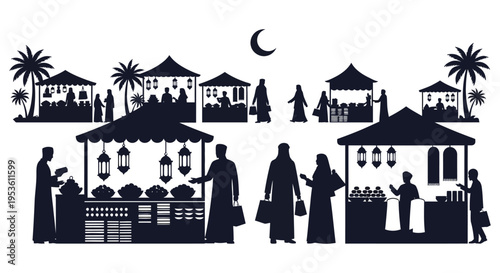 A bustling middle eastern market scene with vendors and shoppers presented as a silhouette high quality