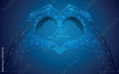 illustration numérique au maillage filaire polygonal représentant des mains unies pour former un cœur - les nouvelles technologies et l’amour.