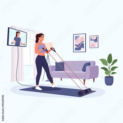 A woman exercising with a resistance band at home while following an online fitness class on her television screen.